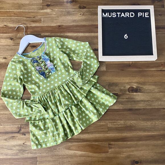 Mustard Pie Green Blue Dot Ruffled Tiered Long Sleeve Knit Tunic Top 6 - Picture 1 of 9